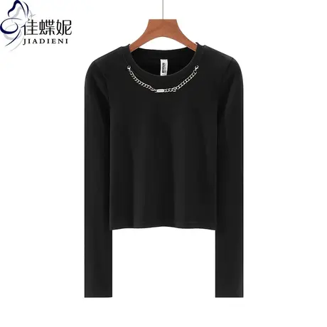 秋季新款韩版圆领带项链修身纯棉短款纯欲纯色长袖体恤上衣内搭女图片