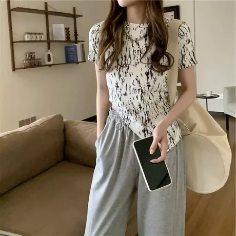 夏季2024年新款设计感小众短款别致不规则薄款短袖T恤女扎染上衣商品大图