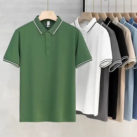 多色绿丝光珠地棉夏季男士条纹POLO衫商务休闲翻领保罗短袖男T恤商品大图
