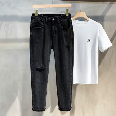 黑色破洞牛仔裤男2023年新款潮牌高端男士休闲长裤子韩版潮流直筒商品大图