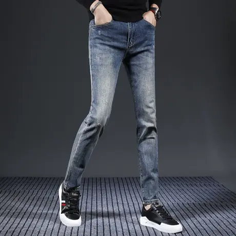 复古蓝色牛仔裤男款2023新款修身小脚弹力休闲男士牛仔长裤秋冬款商品大图