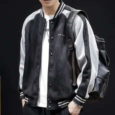 美式麂皮绒棒球服男秋冬ins潮宽松大码夹克2023新款休闲男士外套图片