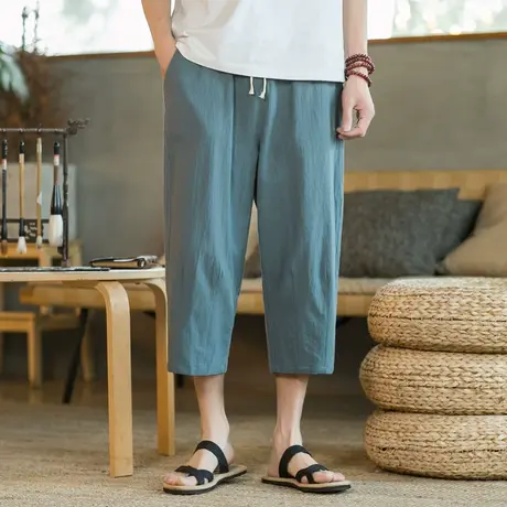 亚麻七分裤男国潮复古休闲短裤夏季薄款潮流宽松哈伦棉麻8分中裤商品大图