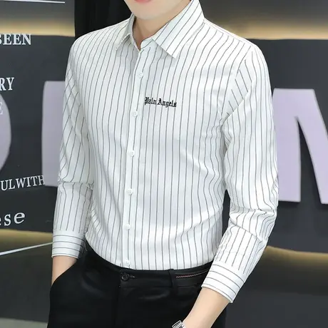 春秋季条纹长袖衬衫男2022新款白色衬衣商务正装休闲寸衫高级感图片