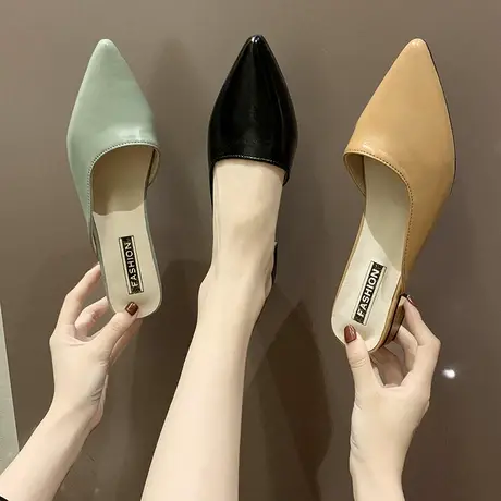 包头半拖鞋女外穿2022春季新款尖头粗跟穆勒鞋网红百搭懒人凉拖鞋商品大图