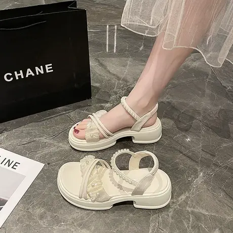 厚底凉鞋女夏季2024年新款珍珠交叉粗跟仙女风百搭不累脚坡跟女鞋商品大图