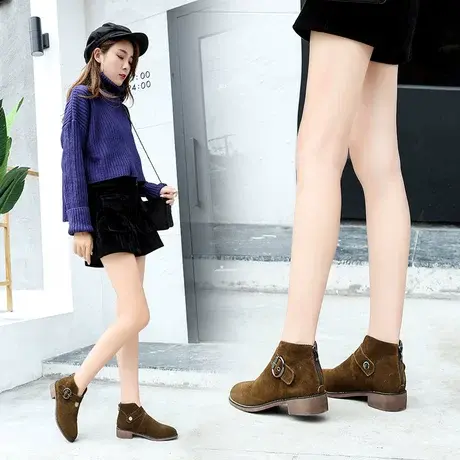 雅森切尔西靴女靴真皮马丁靴女短靴春秋新款粗跟单靴圆头平底裸靴图片