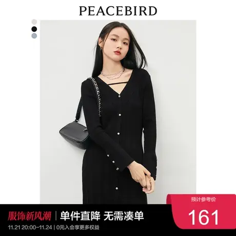 太平鸟黑色针织连衣裙女早秋新款修身长袖连衣裙法式小黑裙奥莱图片