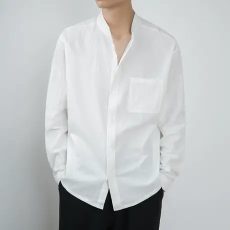 衬衫男长袖圆领亚麻休闲打底男装宽松大码棉麻修身立领白衬衣潮cs商品大图