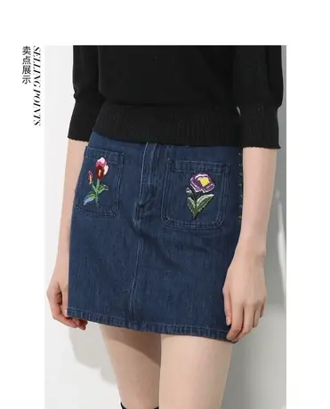 季候风直销牛仔布纯色短裙新款时尚绣花甜美牛仔裙子女0090EH842图片