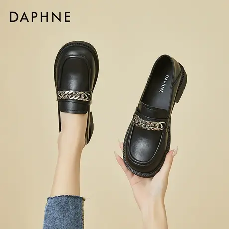 达芙妮真皮乐福鞋女2022年春季新款链条单鞋一脚蹬英伦风小皮鞋女商品大图