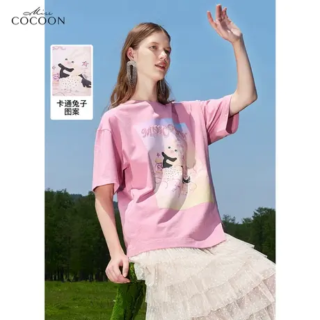missCOCOON法式纯棉印花上衣2023夏装新款女装减龄圆领短袖T恤商品大图