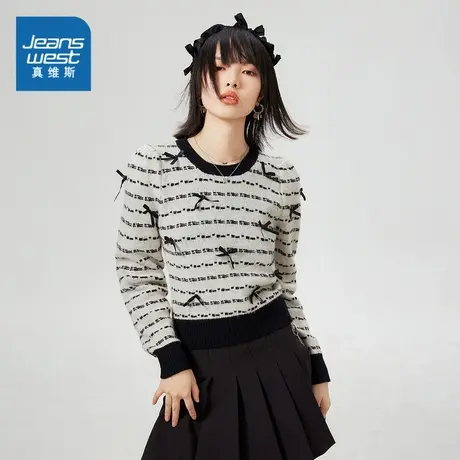 KP真维斯女装套头毛衣2024春新款时尚复古设计感圆领长袖针织衫女图片