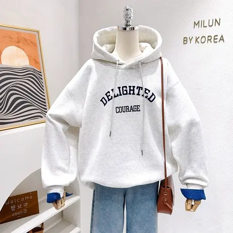 韩国东大门连帽上衣~秋冬款复古美式字母灰色加绒卫衣牛仔袖大码图片