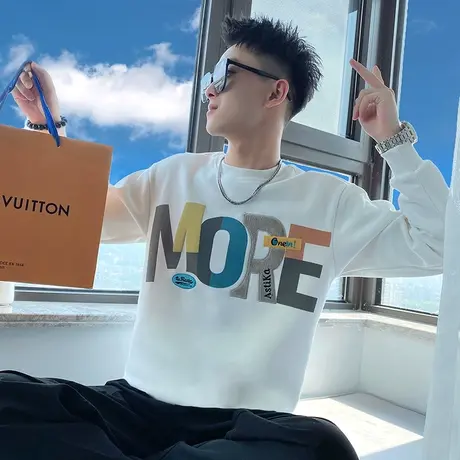 拼接字母印花重磅卫衣ins春秋2023新款高街潮牌圆领套头潮流外套商品大图