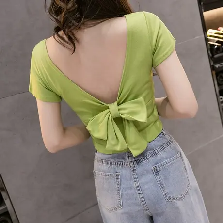 短袖t恤女2023夏新款蝴蝶结绑带小众心机漏腰露背性感百搭上衣潮商品大图