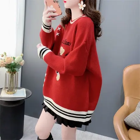 软糯卡通小熊圆领毛衣女秋冬2023新款宽松慵懒风洋气减龄打底上衣商品大图