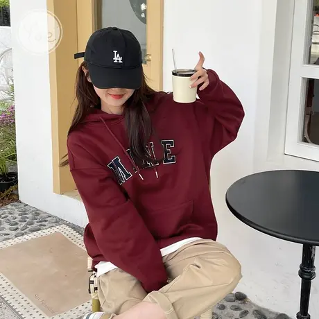 yoe酒红色卫衣女帽衫美式复古oversize加绒时尚女款灰色帽衫上衣图片