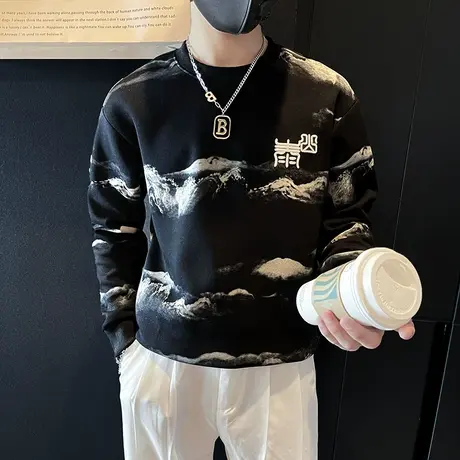 国风刺绣卫衣春季个性潮牌圆领T恤长袖ins小众高级感休闲体恤上衣商品大图