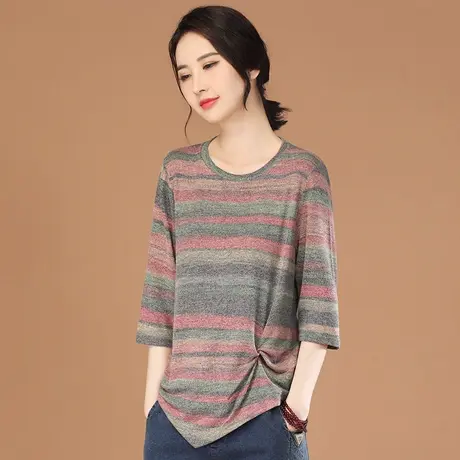 韩潮袭人复古圆领条纹五分袖T恤女2023夏新款休闲百搭上衣民族风图片