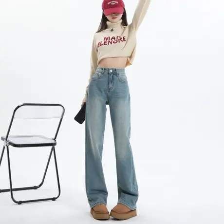 浅色窄版直筒牛仔裤女2024早春新款水洗高腰垂感修身显瘦阔腿长裤商品大图