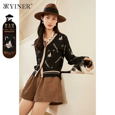 YINER音儿专选女装春季时尚V领卡通猫咪图案提花针织开衫商品大图