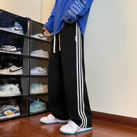 条纹直筒裤子男款春秋季青少年潮牌痞帅休闲长裤高中学生运动卫裤图片