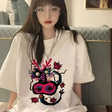 纯棉加厚磨毛短袖t恤女2024新款夏季宽松早春本命年龙年上衣服潮图片