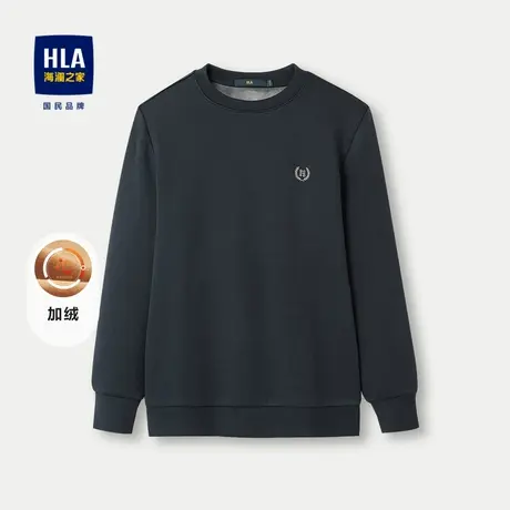 HLA/海澜之家纯色针织衫2023秋冬新款加绒加厚金色刺绣圆领毛衣男图片