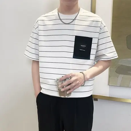夏季潮牌条纹短袖T恤男重磅宽松落肩半袖上衣ins简约个性圆领T恤商品大图