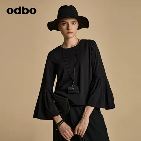 odbo/欧迪比欧原创设计喇叭袖黑色T恤女秋装2023新款休闲百搭上衣商品大图
