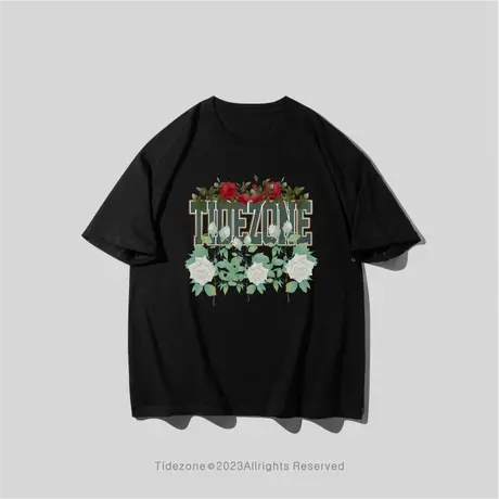 Ohlyah绿色花卉字母印花短袖T恤男女2023夏新款潮流时尚宽松上衣图片