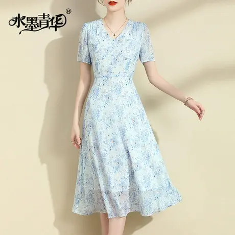 水墨青华2024夏季新款百搭显瘦中长款大摆裙时尚花色短袖连衣裙图片