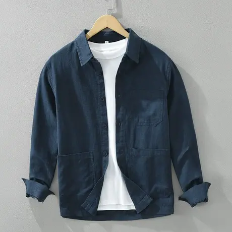 亚麻衬衫男休闲2024春秋款长袖棉麻黑色衬衣上衣男士修身外套图片