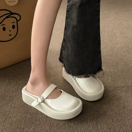 丑萌包头半拖鞋女2024夏季新款女士时尚厚底懒人半拖中跟外穿凉拖图片