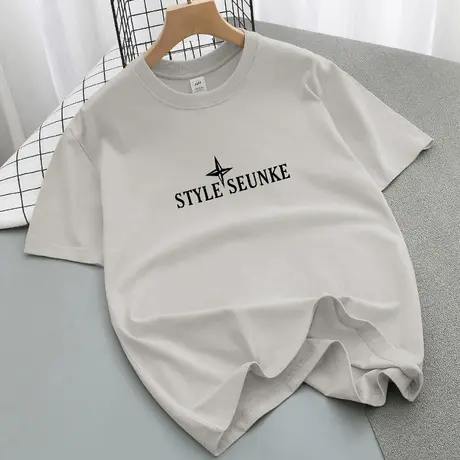 美式重磅纯棉短袖t恤男潮流宽松圆领上衣服夏季全棉半袖印花体恤商品大图