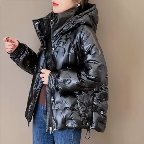 免洗亮面羽绒棉服女短款2023年冬季新款加厚连帽棉衣白色棉袄外套商品大图