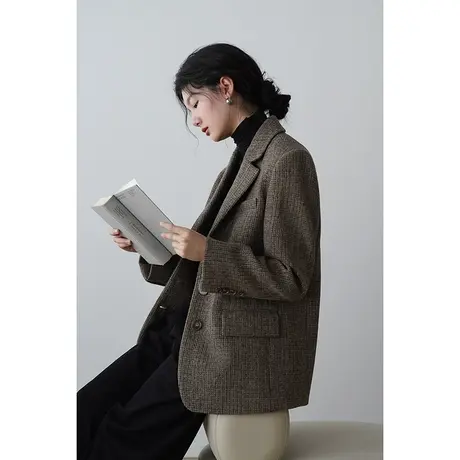 嘉茱莉新款复古毛呢大衣女短款宽松毛呢外套小个子毛呢西装外套商品大图