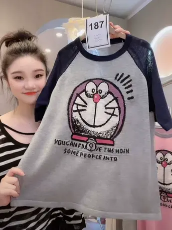 减龄卡通哆啦a梦插肩袖t恤女夏2023新款韩版宽松洋气百搭短袖上衣商品大图