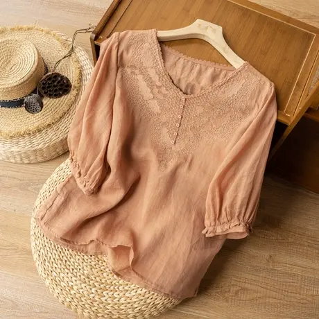 中袖苎麻衬衣女刺绣2022夏季新款薄款棉麻上衣气质宽松漂亮衬衫女图片