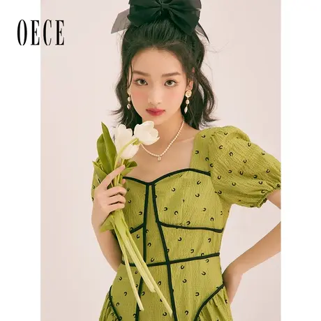Oece复古绿连衣裙中长款2023春夏新款女装收腰显瘦鱼骨裙子中长款图片