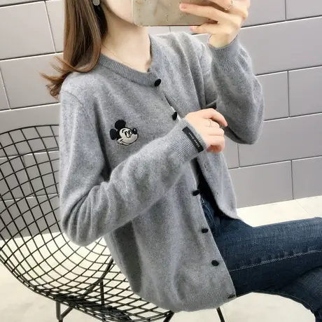 秋装2023新款女外搭开衫女圆领米奇刺绣外穿针织衫长袖女士外套潮图片