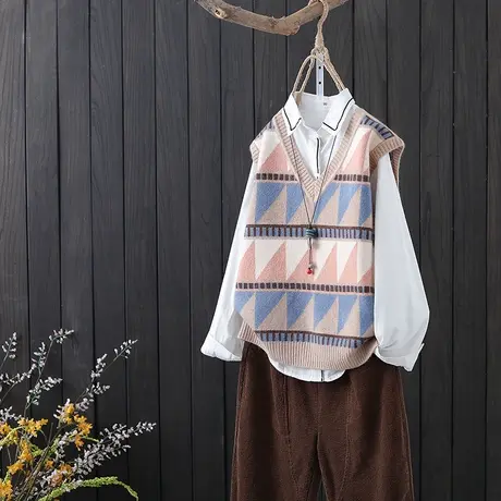 文艺范三角提花针织马甲女秋冬新款V领套头无袖坎肩拼色宽松背心商品大图