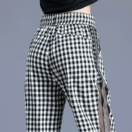 黑白格子裤女夏季薄款冰丝女裤网纱裤子女夏休闲运动裤九分哈伦裤商品大图