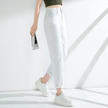 白色裤子高腰牛仔裤女2023年新款夏季薄款女裤休闲九分萝卜哈伦裤商品大图