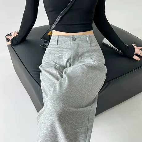 加绒灰色阔腿裤女秋冬季加厚高腰垂感拖地直筒宽松显瘦运动休闲裤图片