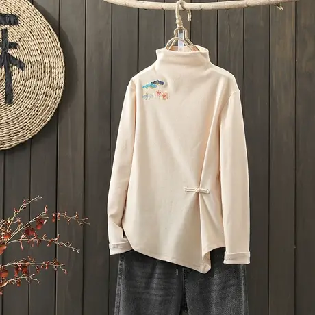 枫谜2021年冬季新款文艺民族盘扣纯色T恤上衣女全棉保暖打底衫图片