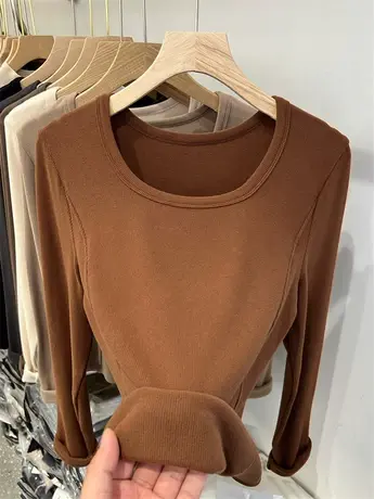 圆领磨毛T恤加绒加厚打底衫女秋冬2022新款保暖内搭慵懒针织上衣商品大图