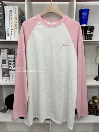 欧货2023春装新款拼接插肩袖长袖T恤女韩系宽松内搭打底衫上衣潮商品大图