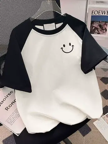 防棉潮牌正肩短袖t恤女2023新款夏季宽松显瘦撞色减龄洋气上衣服商品大图